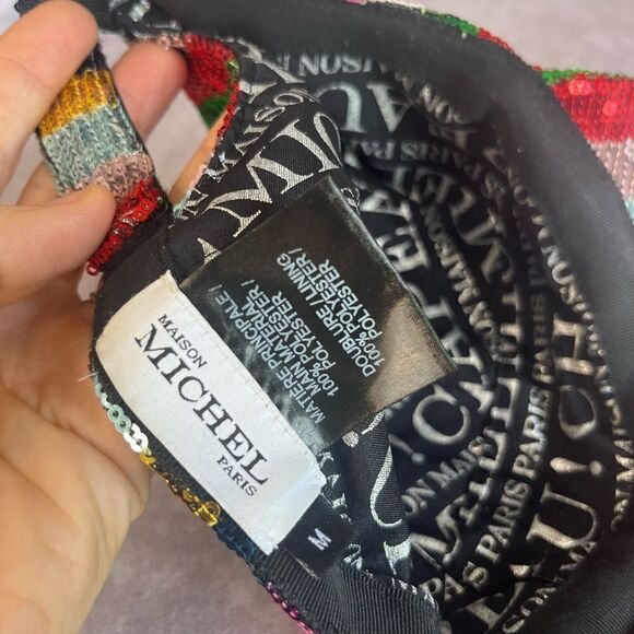 Maison Michel Paris Stripe Rainbow Colorful Nell Sequin Hat Baseball Cap M - Picture 10 of 11